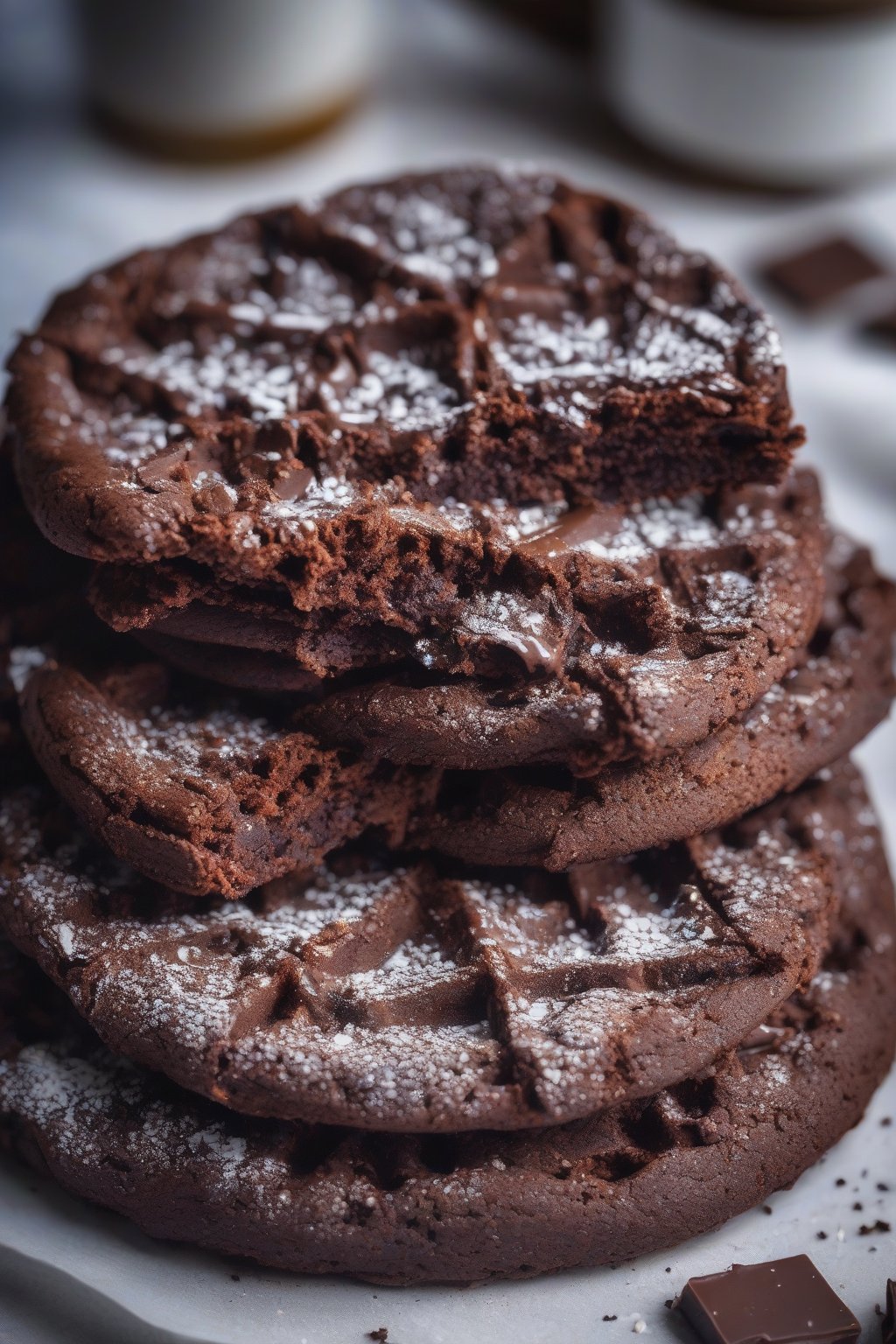 A close-up photo of a chocolate brownie chaffle dusted with powdered erythritol under soft lighting.
