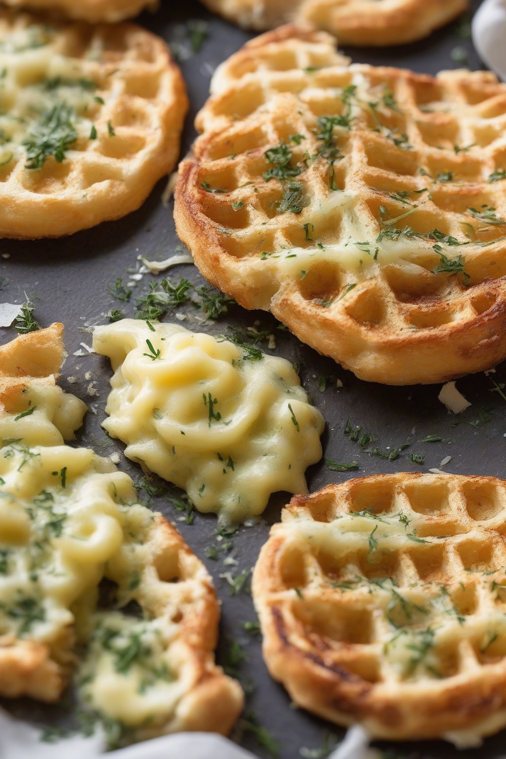 A close-up photo of a garlic parmesan chaffle brushed with herb butter under soft lighting.