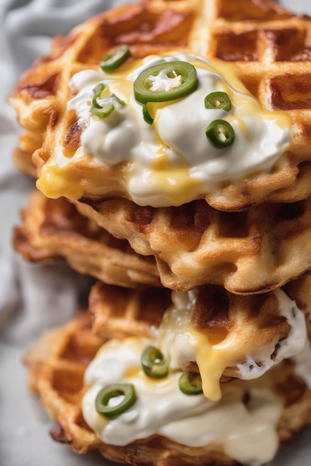 A close-up photo of a jalapeño popper chaffle with cream cheese oozing under soft lighting.