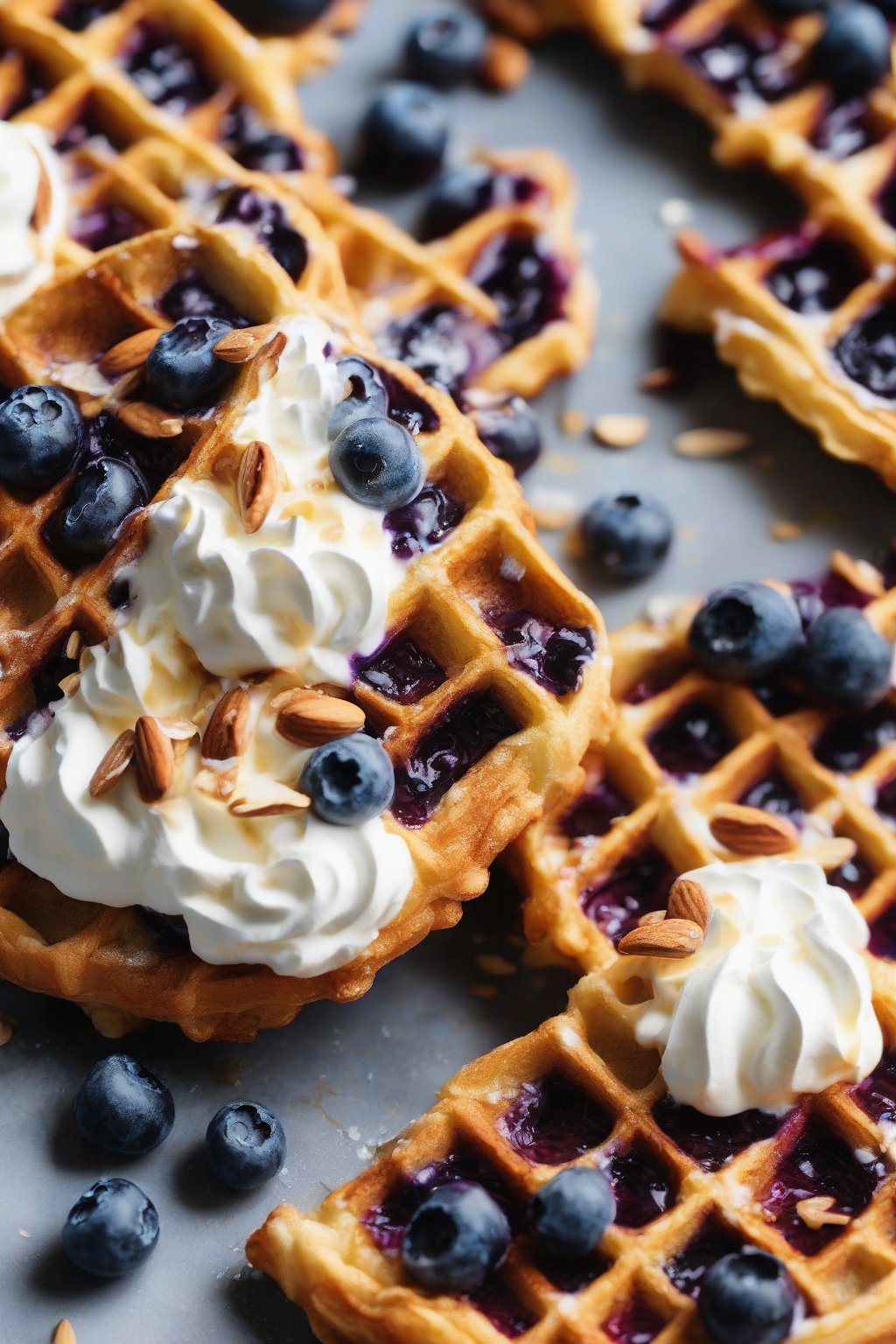 A close-up photo of a blueberry almond chaffle topped with whipped cream under soft lighting.