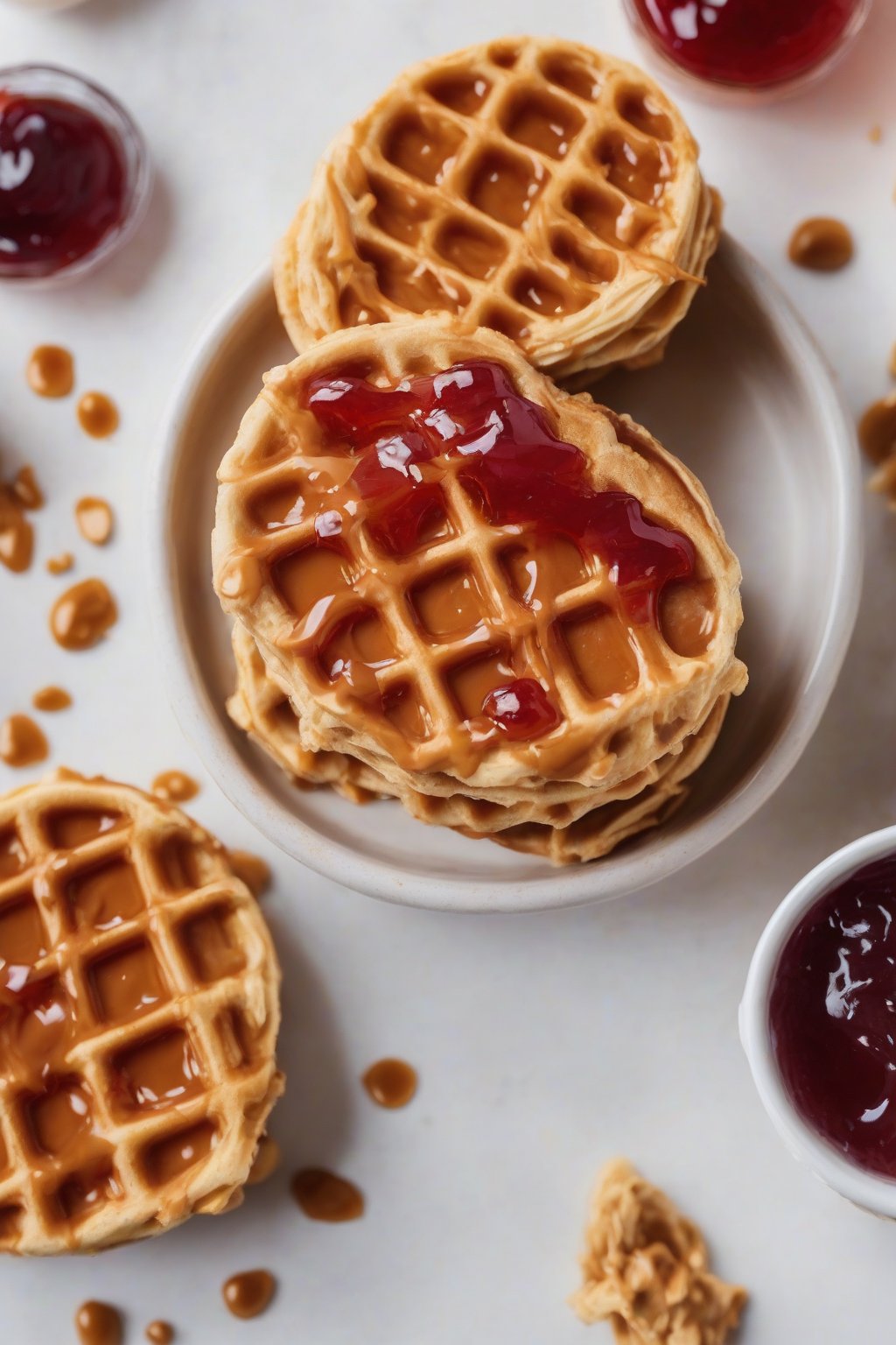 A close-up photo of a peanut butter chaffle spread with keto jelly under soft lighting.