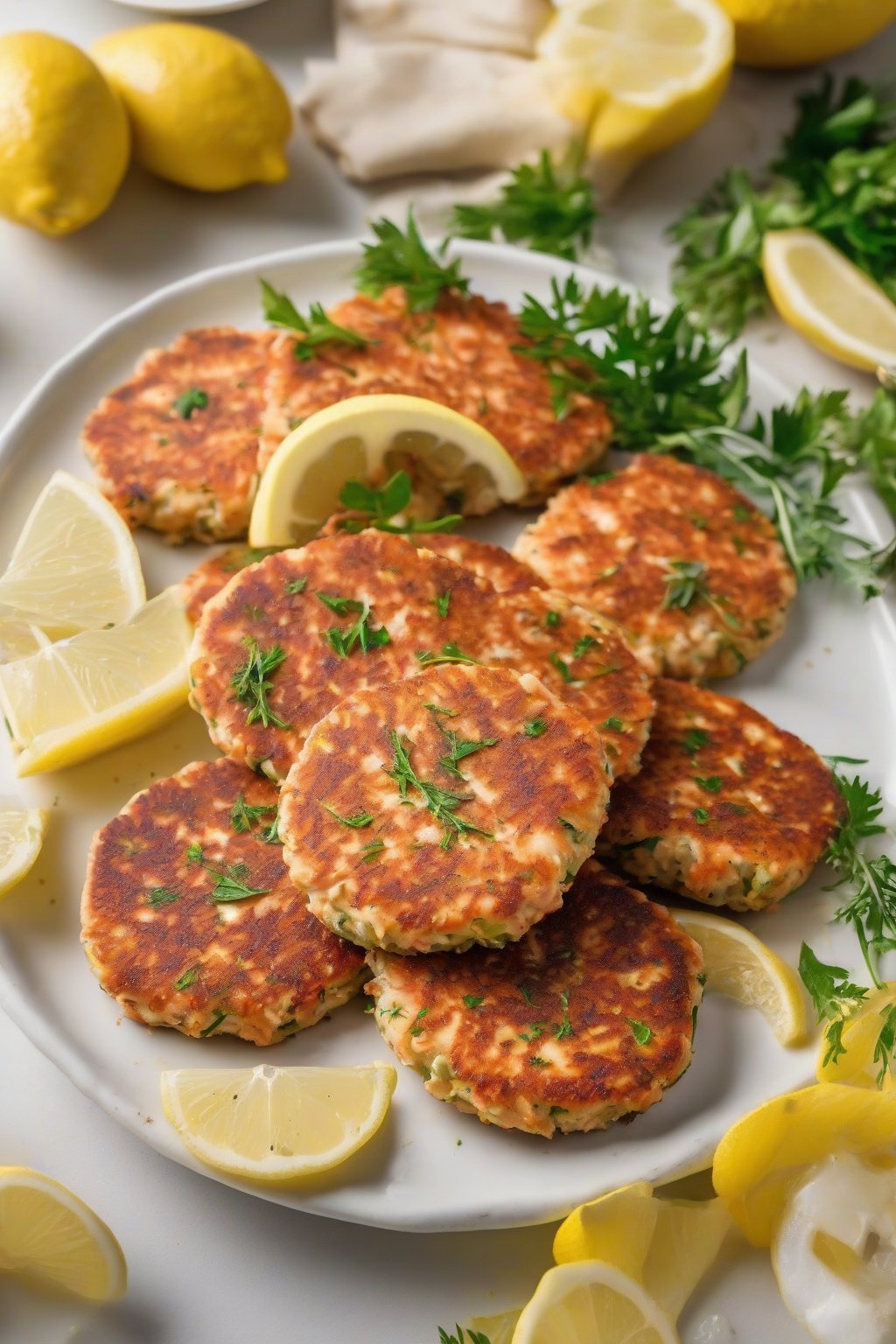 A close-up photo of golden classic canned salmon patties on a white plate, garnished with lemon wedges, under soft lighting.