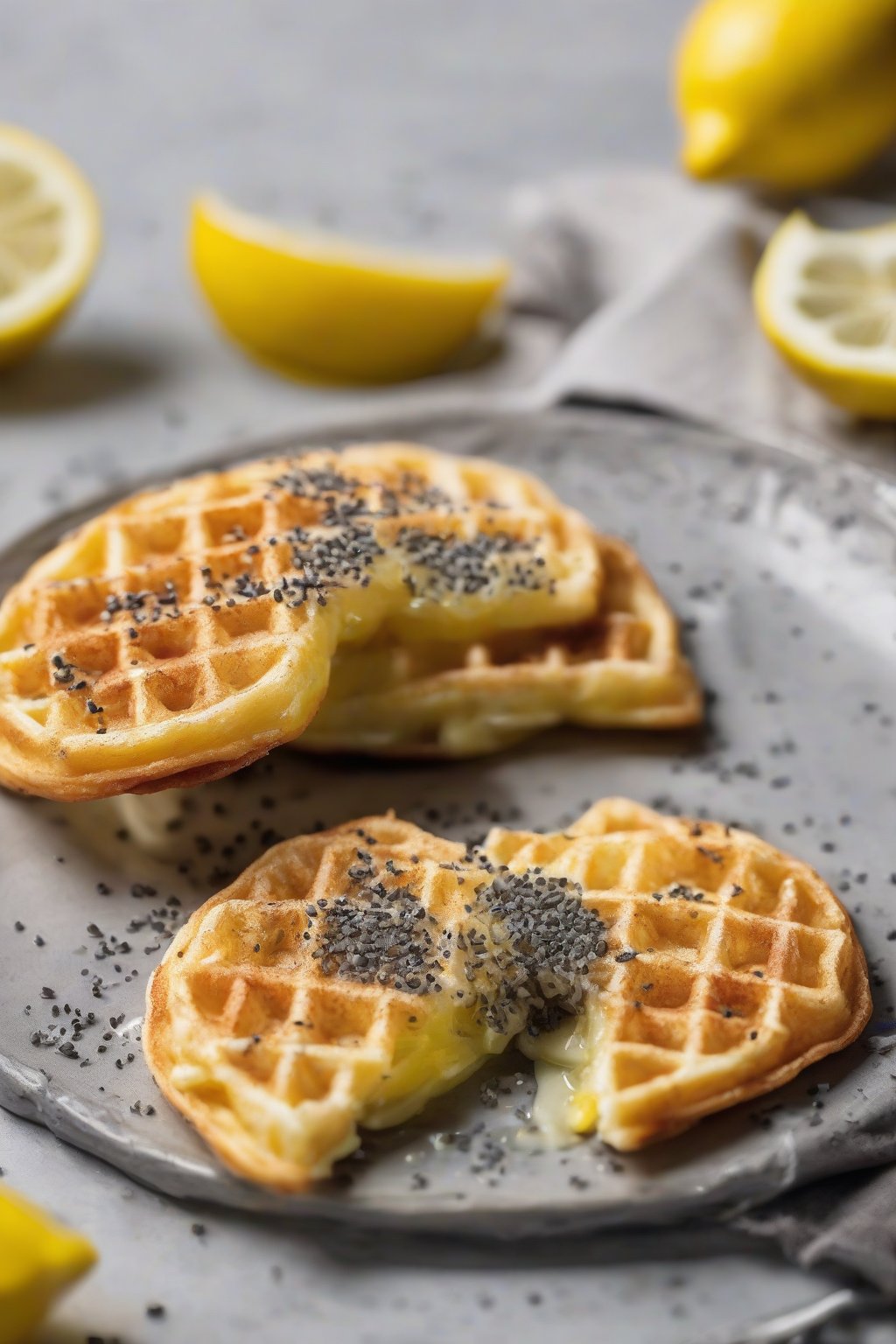 A close-up photo of a lemon poppyseed chaffle with a lemon slice garnish under soft lighting.