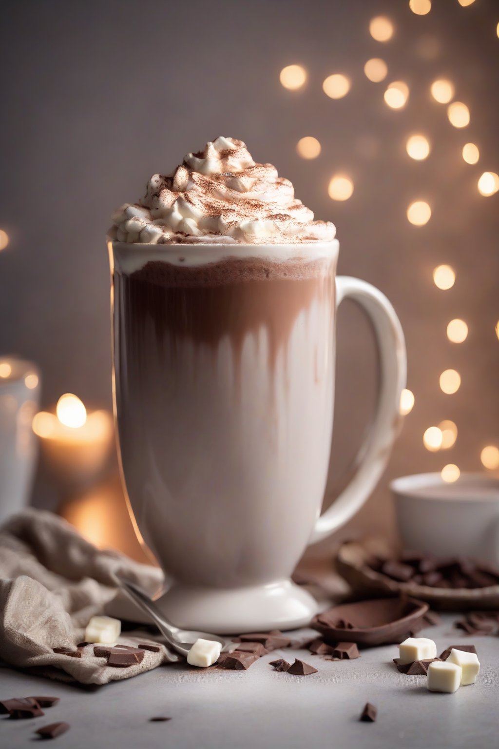 A high-resolution photo of a mug overflowing with fluffy vanilla whipped hot chocolate under soft lighting.