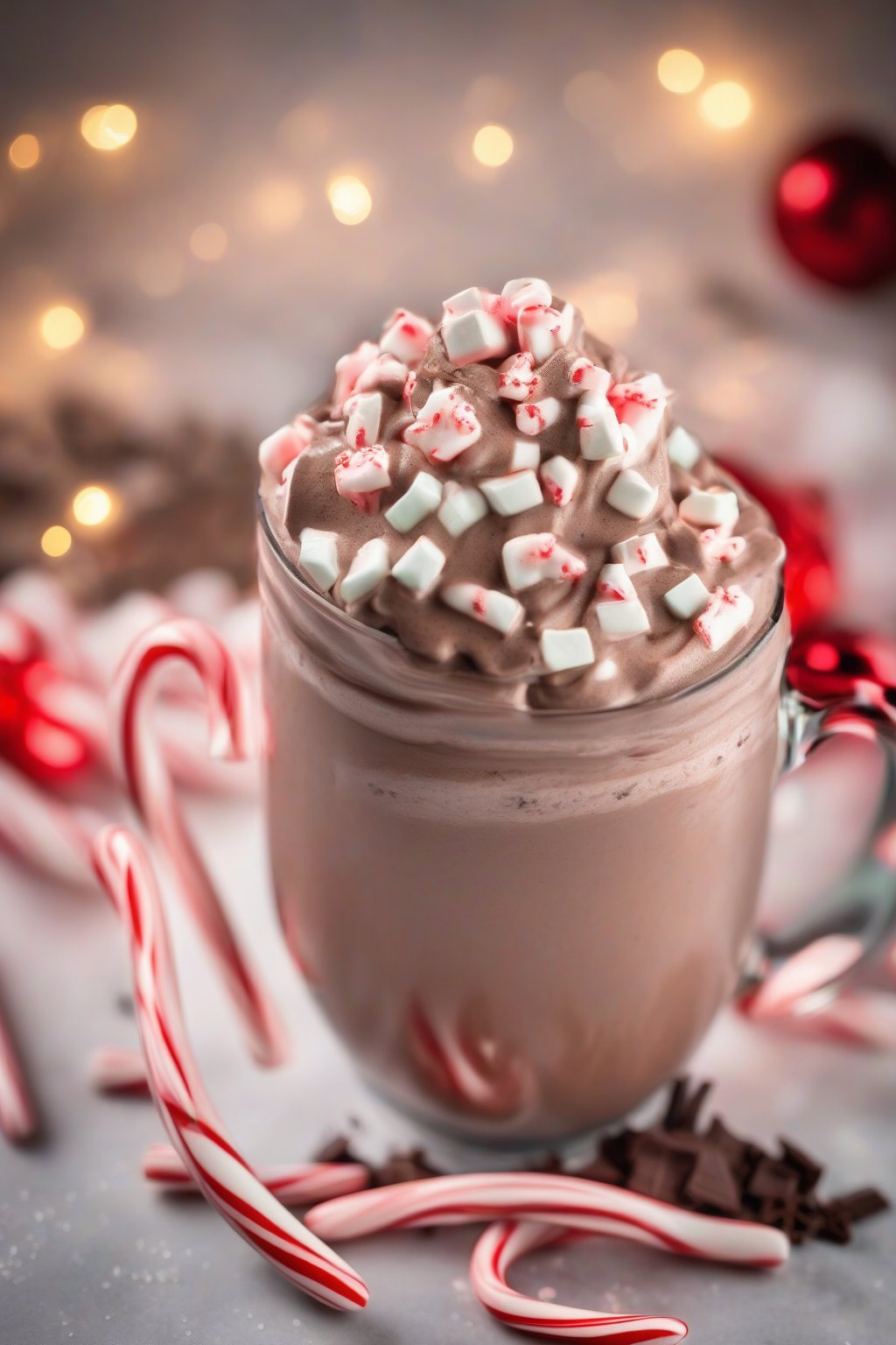 A high-resolution photo of peppermint mocha whipped hot chocolate topped with candy cane bits under soft lighting.