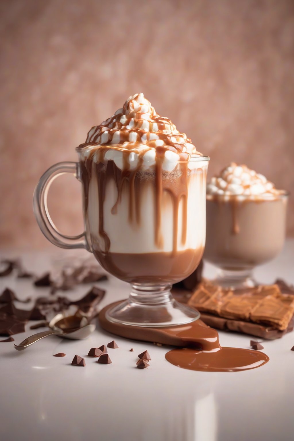 A high-resolution photo of salted caramel whipped hot chocolate with dripping sauce under soft lighting.