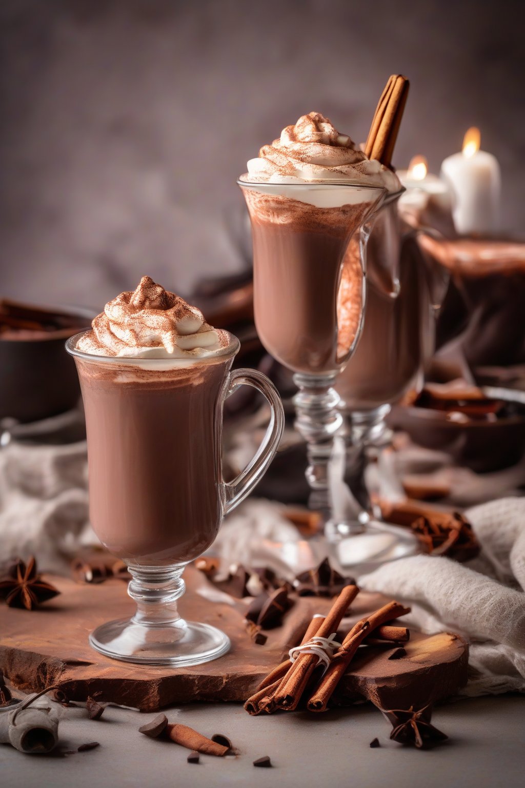 A high-resolution photo of spicy Mexican whipped hot chocolate garnished with cinnamon sticks under soft lighting.