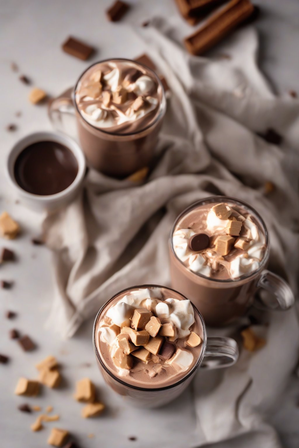 A high-resolution photo of peanut butter whipped hot chocolate with peanut chunks under soft lighting.