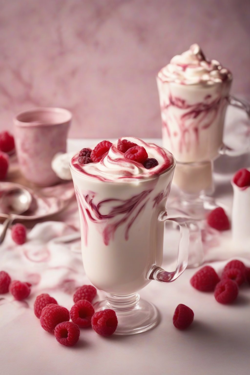 A high-resolution photo of raspberry-infused white whipped hot chocolate with berry swirls under soft lighting.
