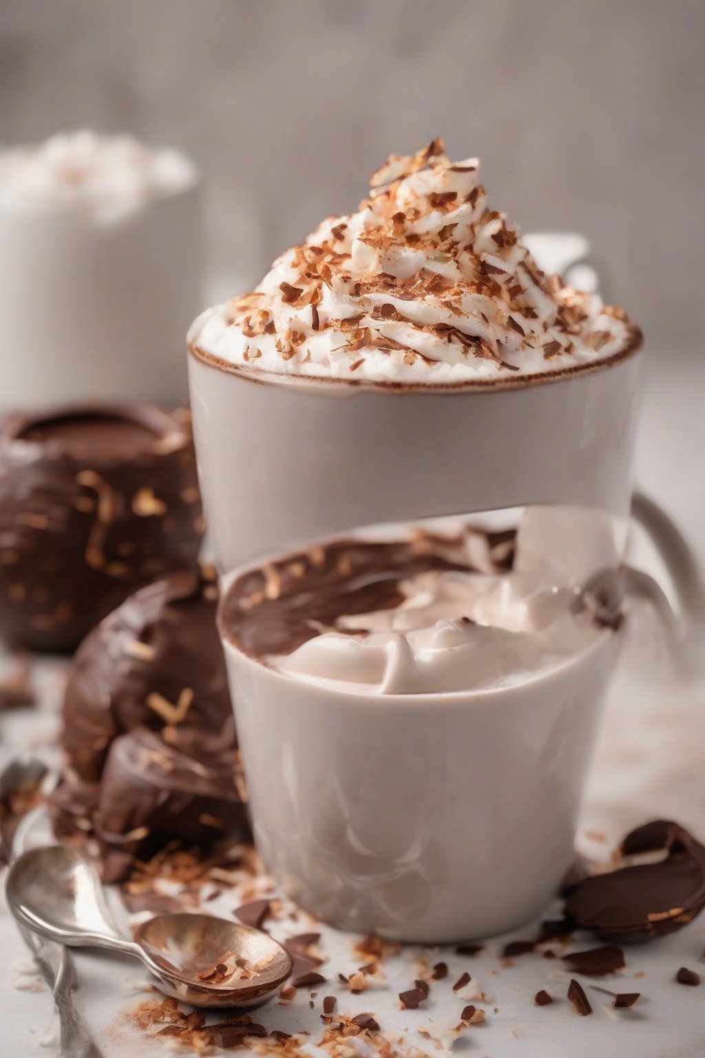 A high-resolution photo of coconut whipped hot chocolate sprinkled with toasted flakes under soft lighting.