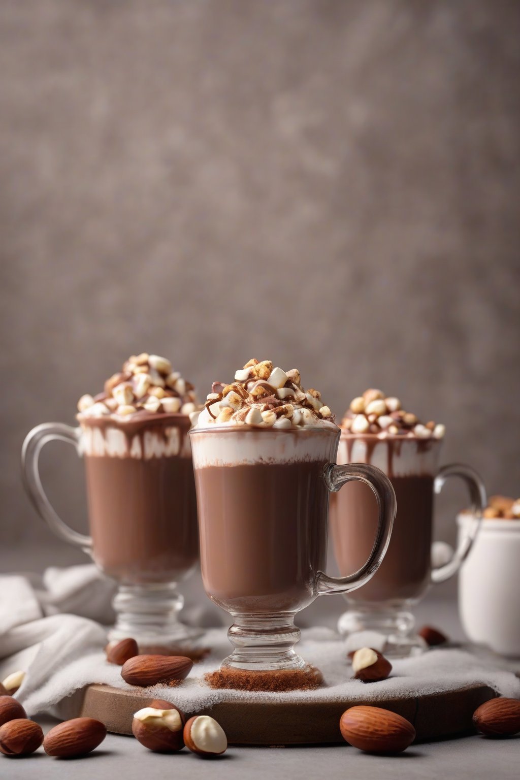 A high-resolution photo of hazelnut whipped hot chocolate with nut toppings under soft lighting.