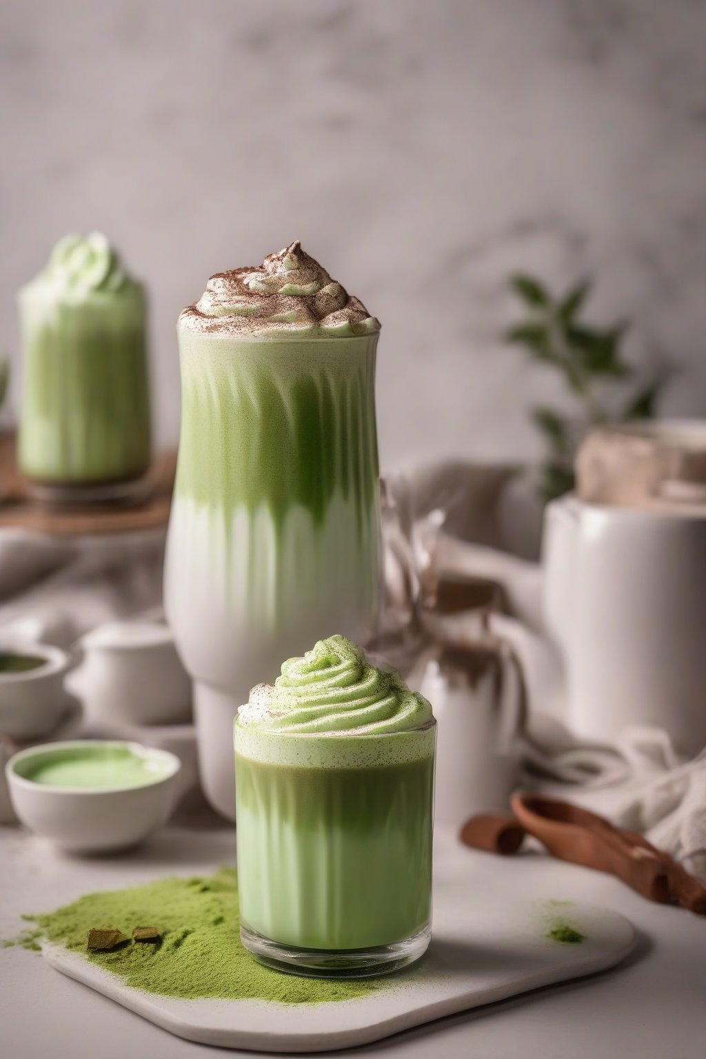 A high-resolution photo of matcha whipped hot chocolate with green foam under soft lighting.