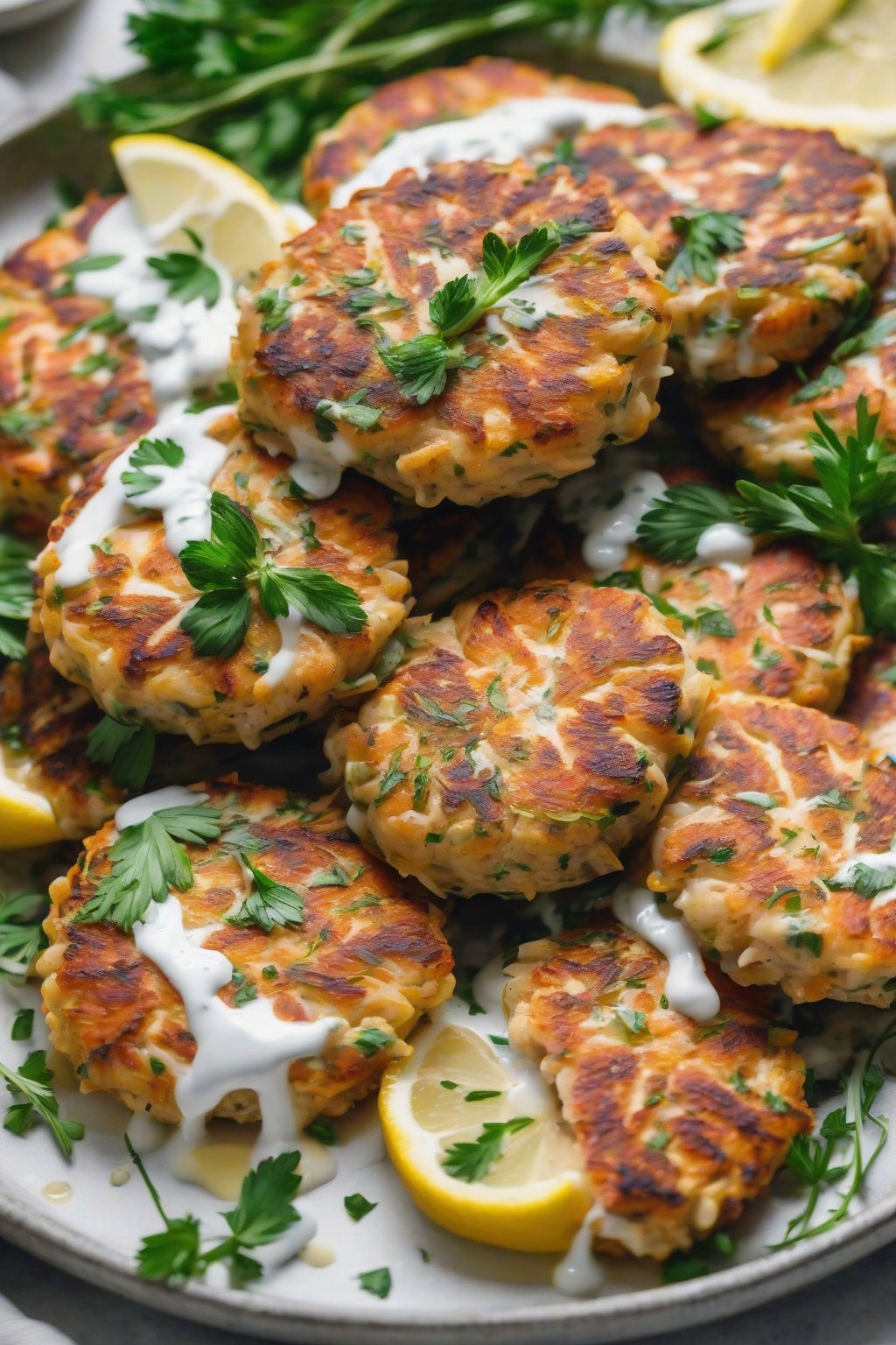 A close-up photo of lemon herb salmon patties drizzled with yogurt sauce, fresh herbs scattered around, under soft lighting.