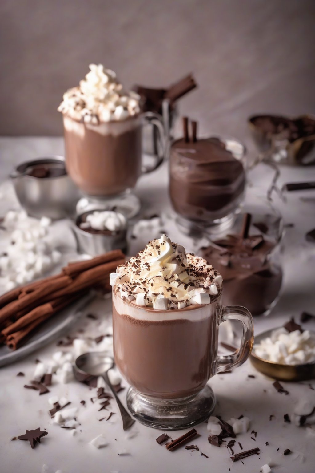 A high-resolution photo of bourbon whipped hot chocolate garnished with shavings under soft lighting.