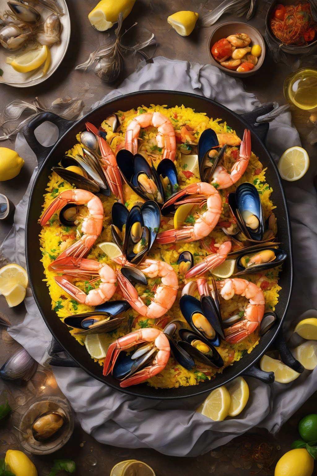 A high-resolution photo of seafood symphony paella with golden rice, colorful prawns, mussels, and lemon slices under soft lighting.