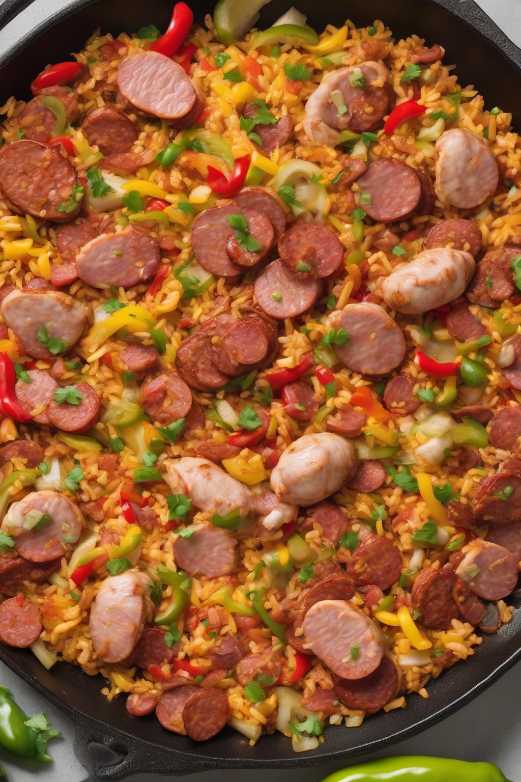 A high-resolution photo of chorizo chicken fiesta paella topped with sliced sausage and vibrant peppers under soft lighting.