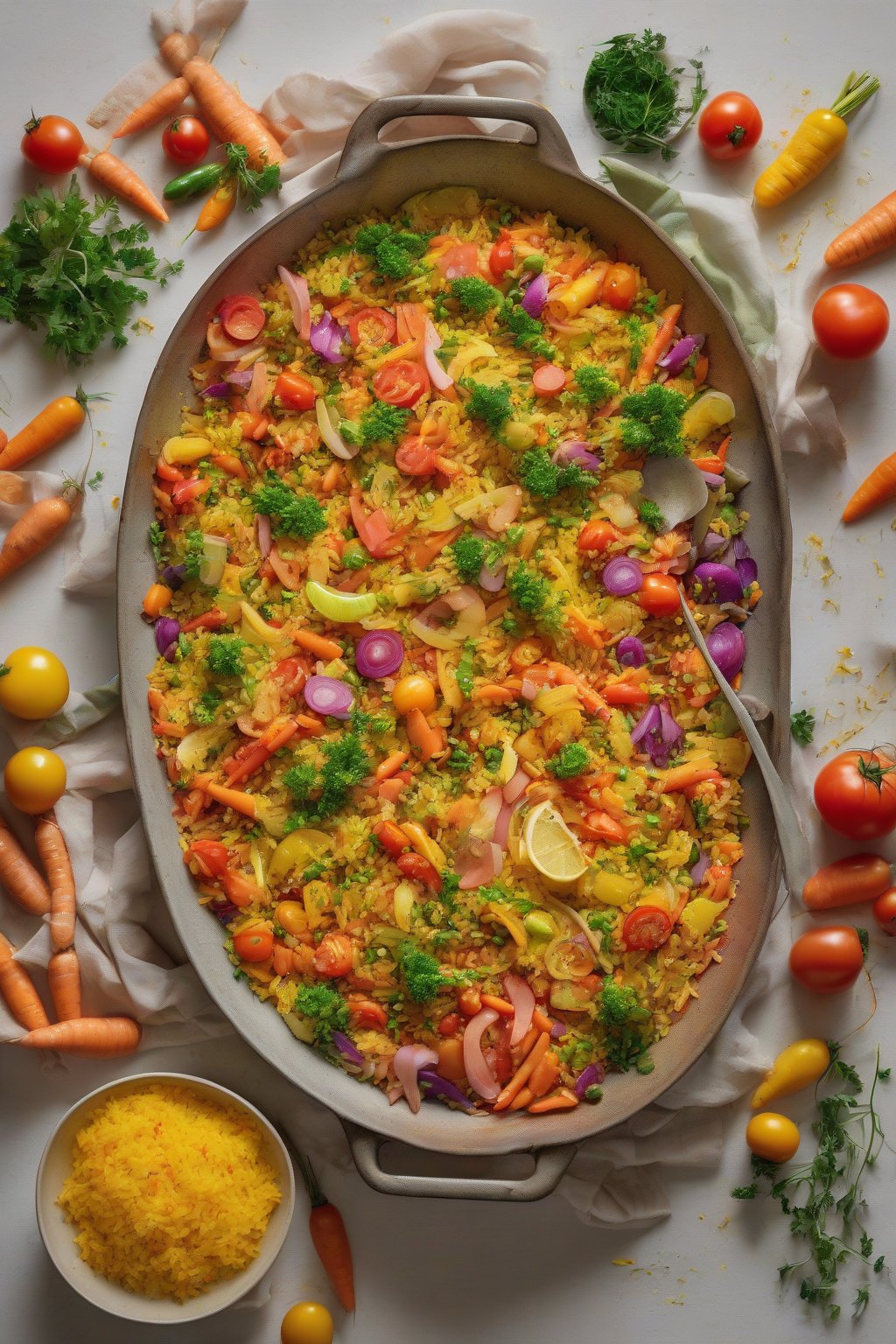 A high-resolution photo of rainbow veggie paella with multicolored carrots, tomatoes, and saffron rice under soft lighting.