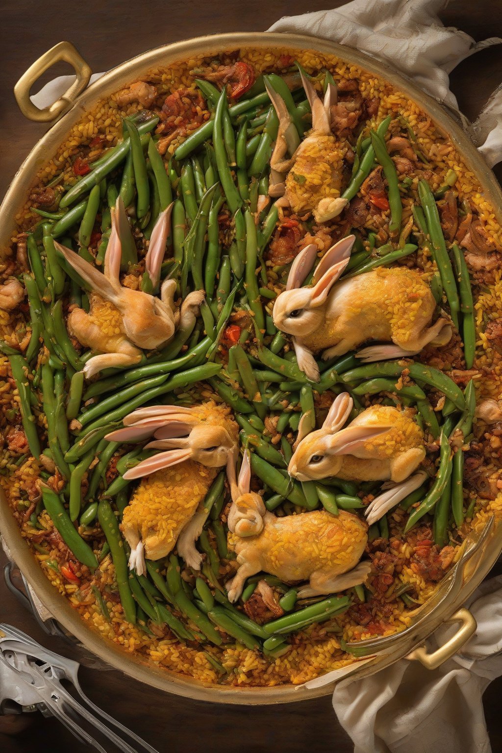 A high-resolution photo of Valencian jewel paella with tender rabbit, green beans, and golden crust under soft lighting.
