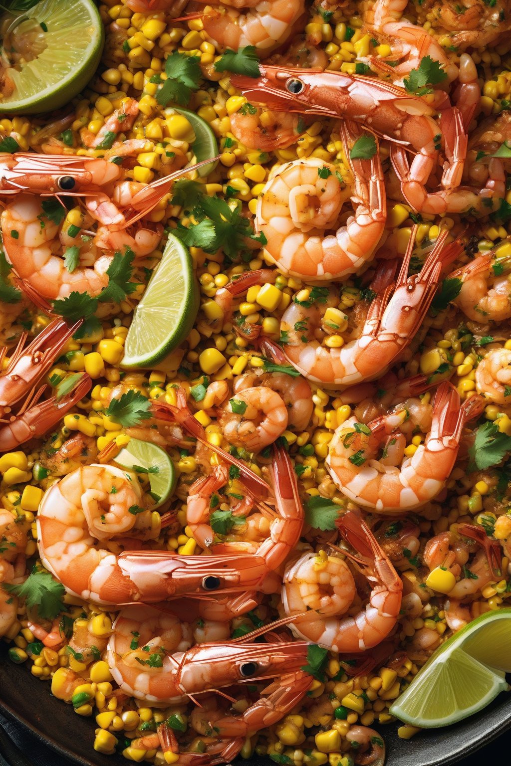 A high-resolution photo of golden shrimp paella piled high with glossy shrimp, corn, and lime under soft lighting.