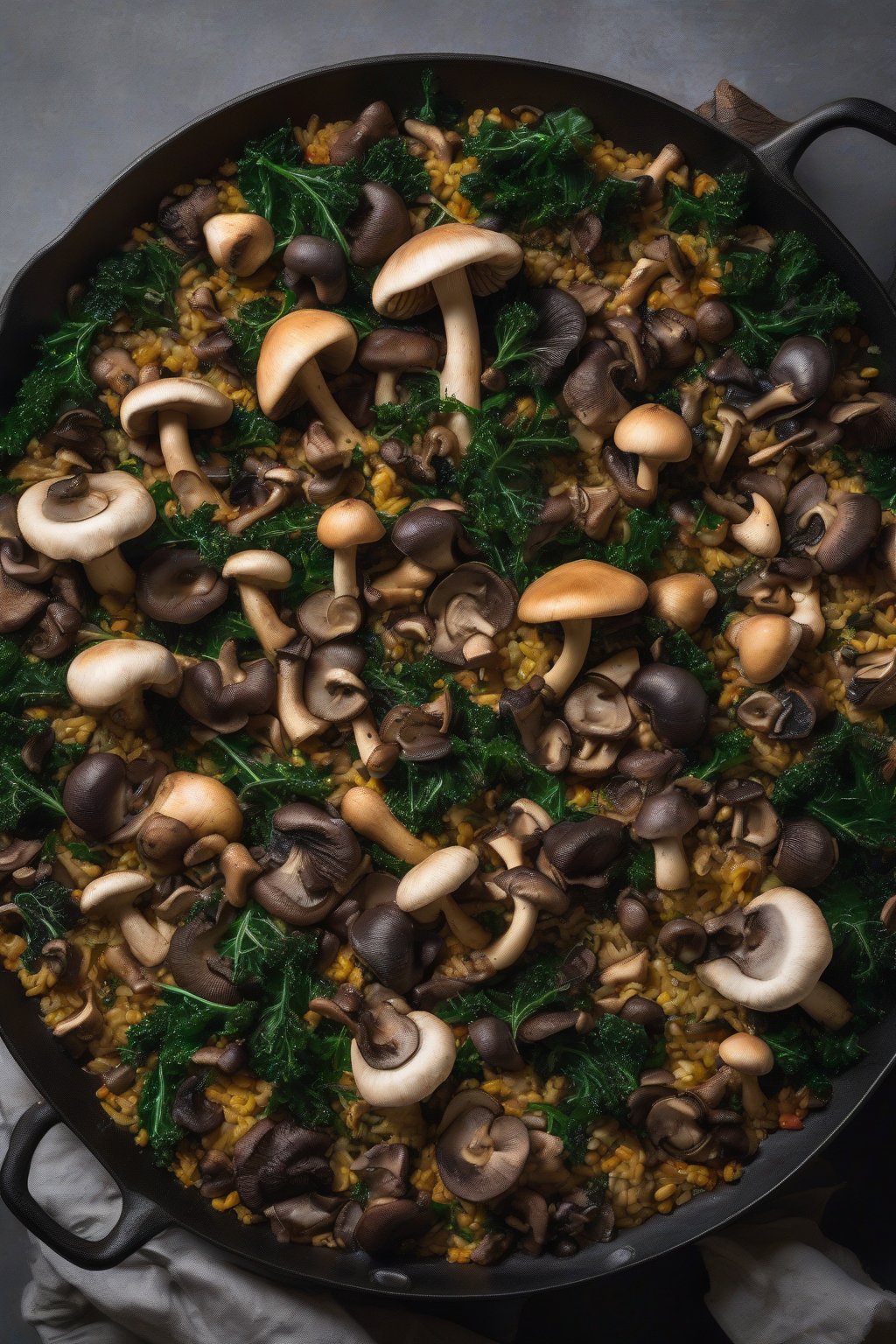 A high-resolution photo of forest mushroom paella with assorted mushrooms, kale, and truffle sheen under soft lighting.