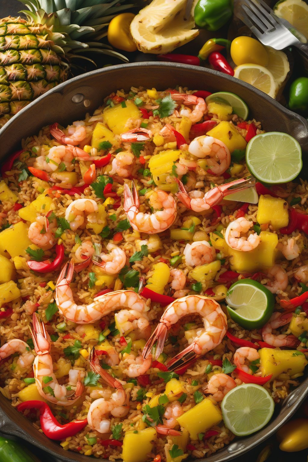 A high-resolution photo of tropical pineapple paella with juicy pineapple, shrimp, and peppers under soft lighting.