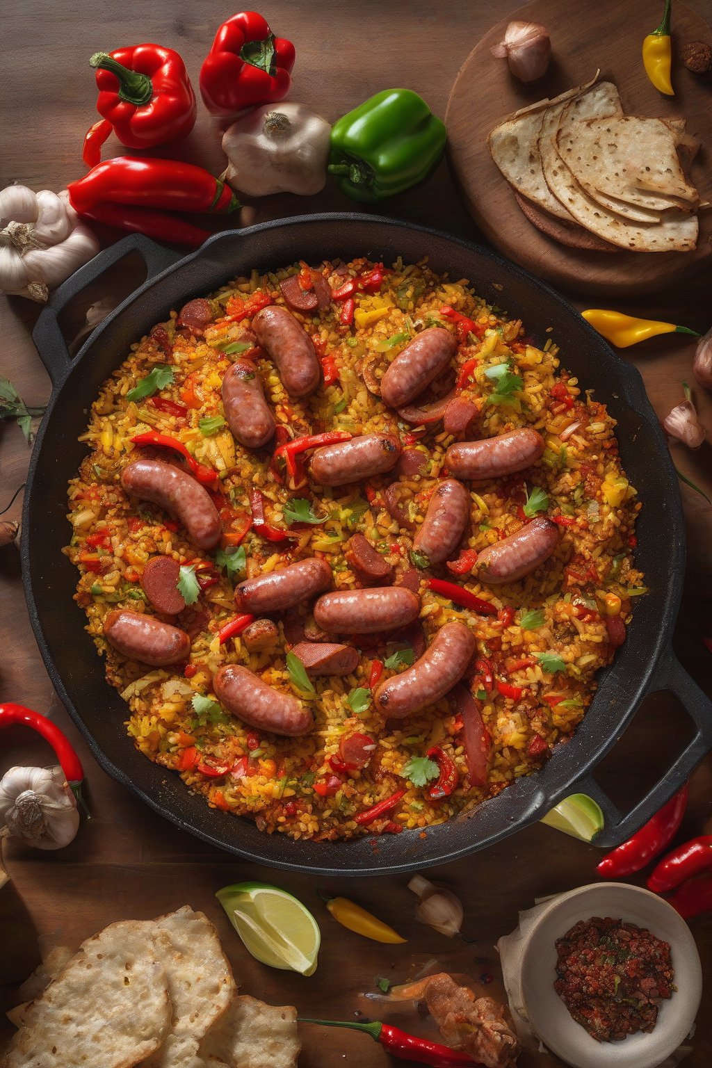 A high-resolution photo of spicy sausage paella with sliced sausage, roasted peppers, and chili flecks under soft lighting.