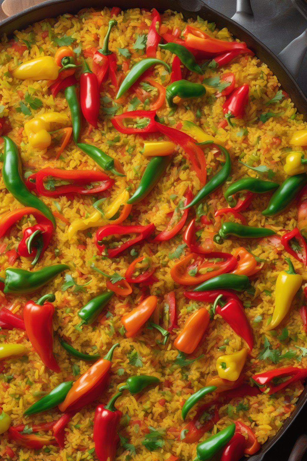 A high-resolution photo of bell pepper bonanza paella showcasing red, yellow, and green peppers over saffron rice under soft lighting.