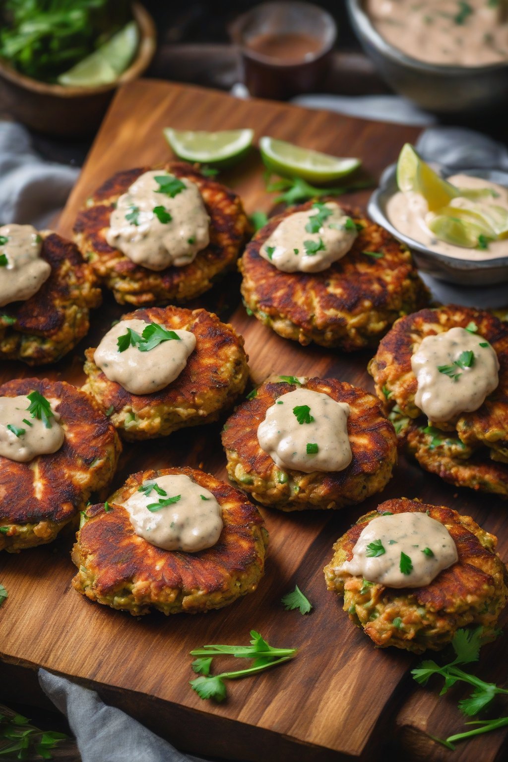 A close-up photo of spicy Cajun salmon patties topped with remoulade, on a rustic board, under soft lighting.