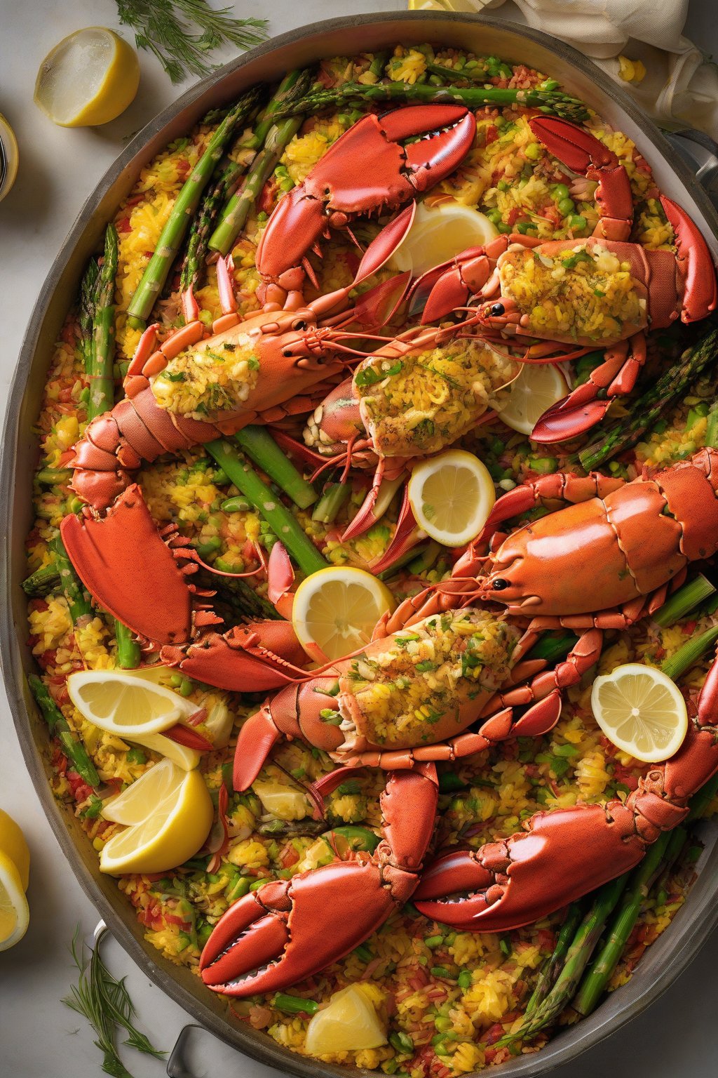 A high-resolution photo of lobster luxe paella with split lobster tails, asparagus spears, and lemon zest under soft lighting.