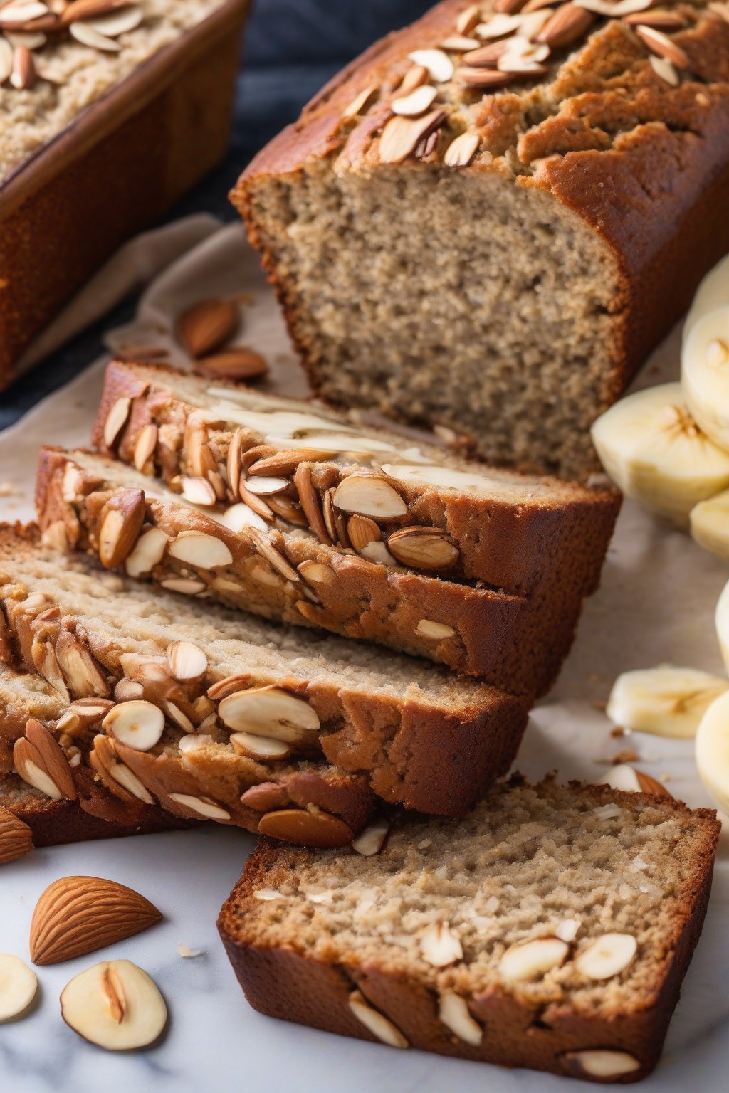 A high-resolution photo of a golden loaf of almond flour banana bread sliced to reveal moist crumb, topped with almond slices, under soft lighting.