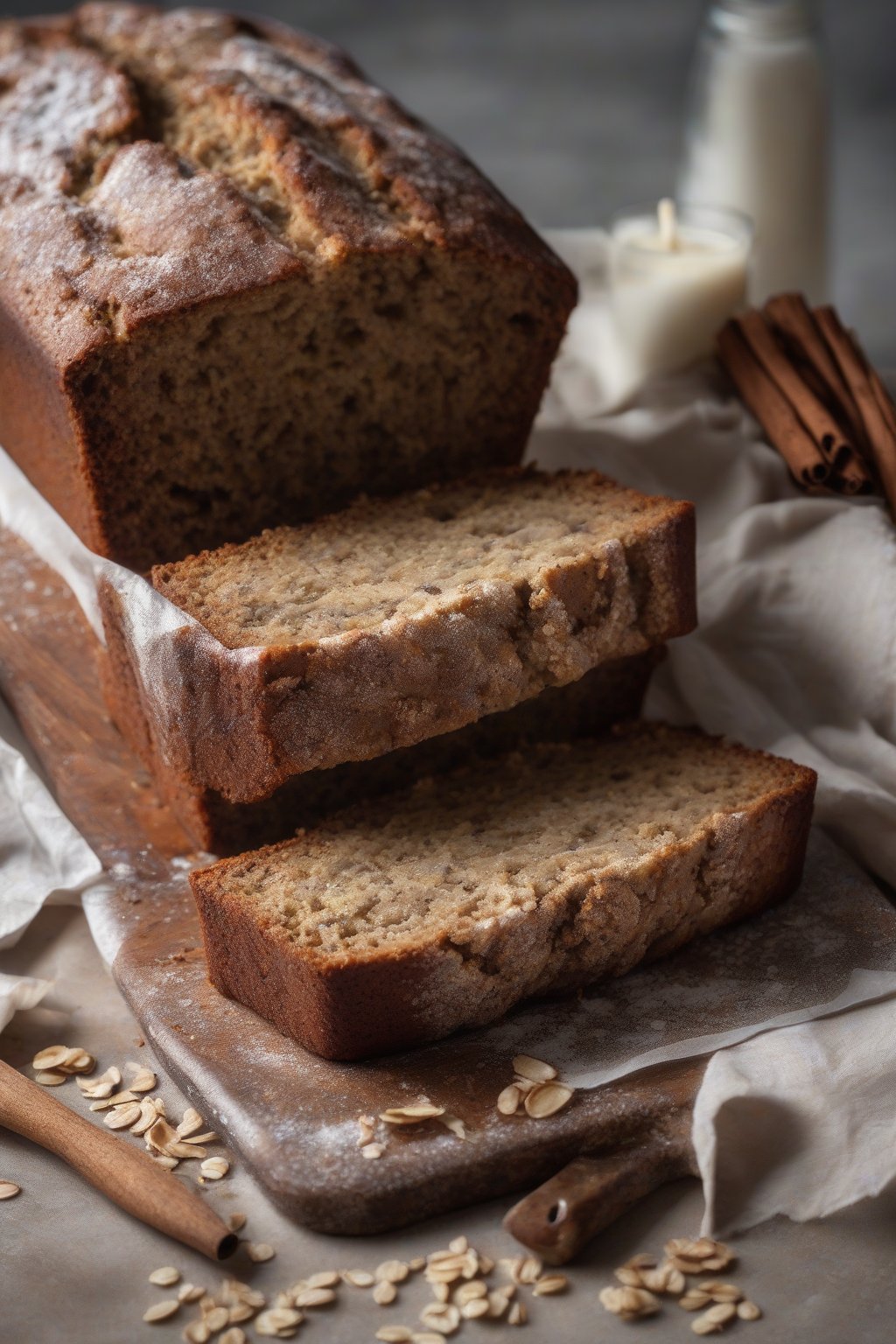 A high-resolution photo of oat flour banana bread loaf with a rustic texture, dusted with cinnamon, under soft lighting.