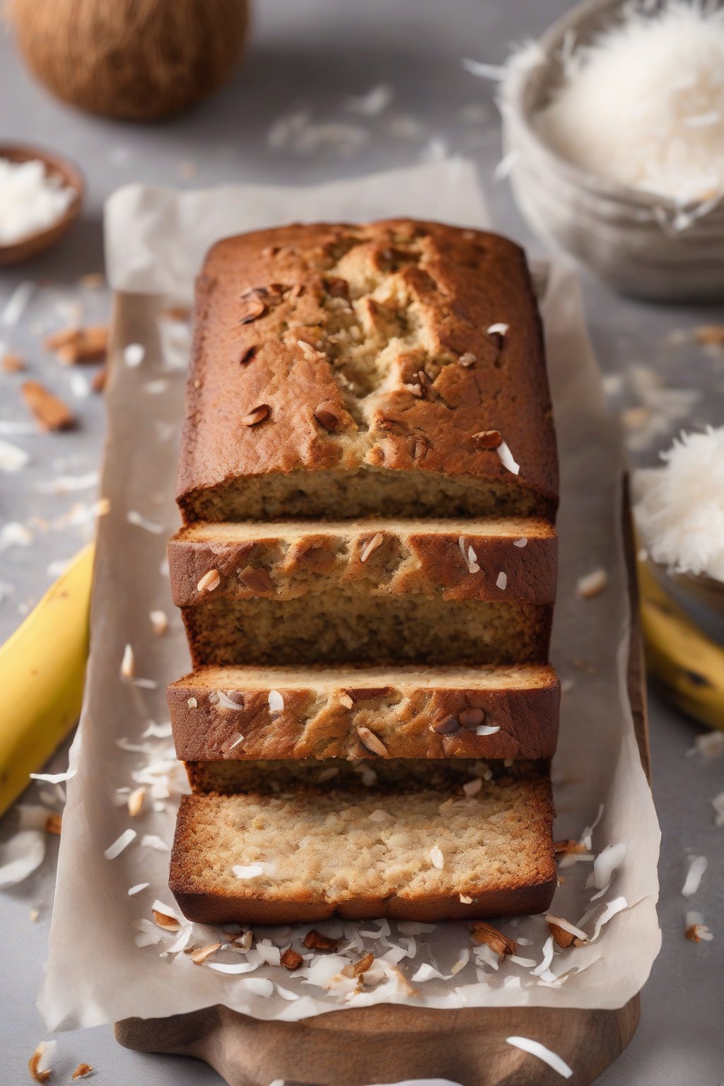 A high-resolution photo of coconut flour banana bread with a fluffy interior and toasted top, garnished with coconut flakes, under soft lighting.