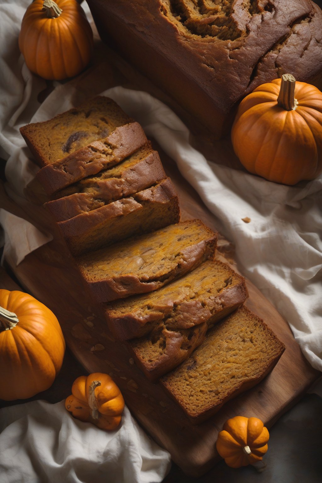 A high-resolution photo of pumpkin-spiced banana bread loaf swirled with orange hues, under soft lighting.