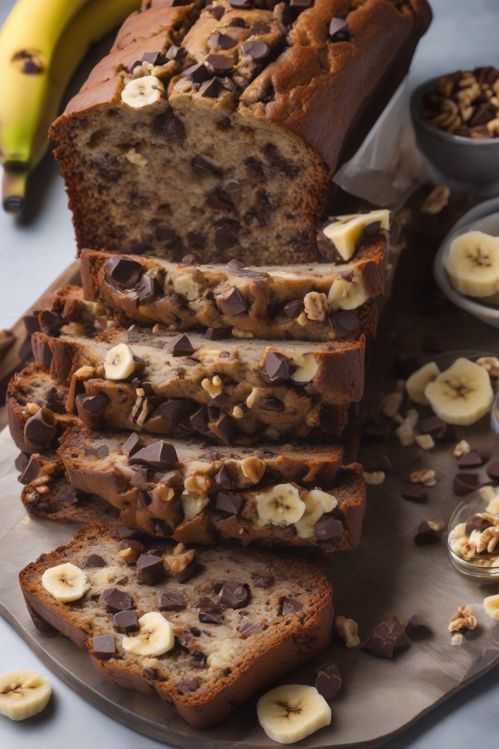 A high-resolution photo of dark chocolate chip banana bread with melty chunks and walnut pieces, sliced open, under soft lighting.
