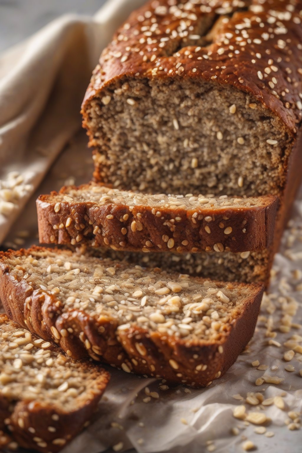 A high-resolution photo of vegan banana bread loaf with a shiny crust, topped with sesame seeds, under soft lighting.
