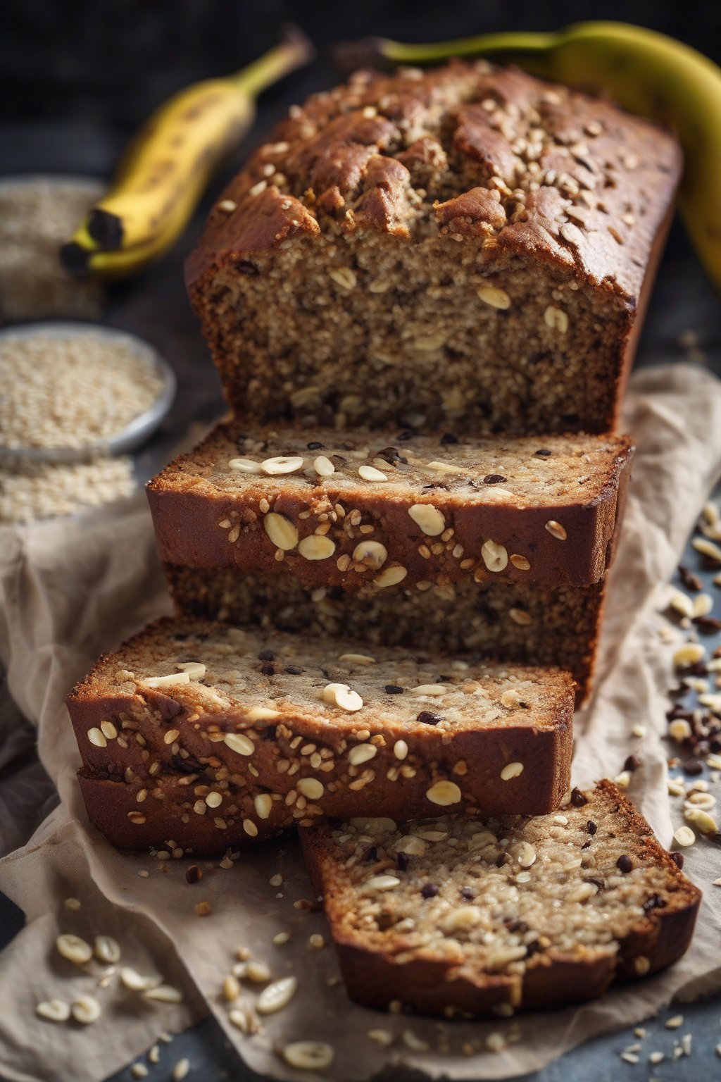 A high-resolution photo of quinoa flour banana bread with a dense, moist slice revealing seeds, under soft lighting.