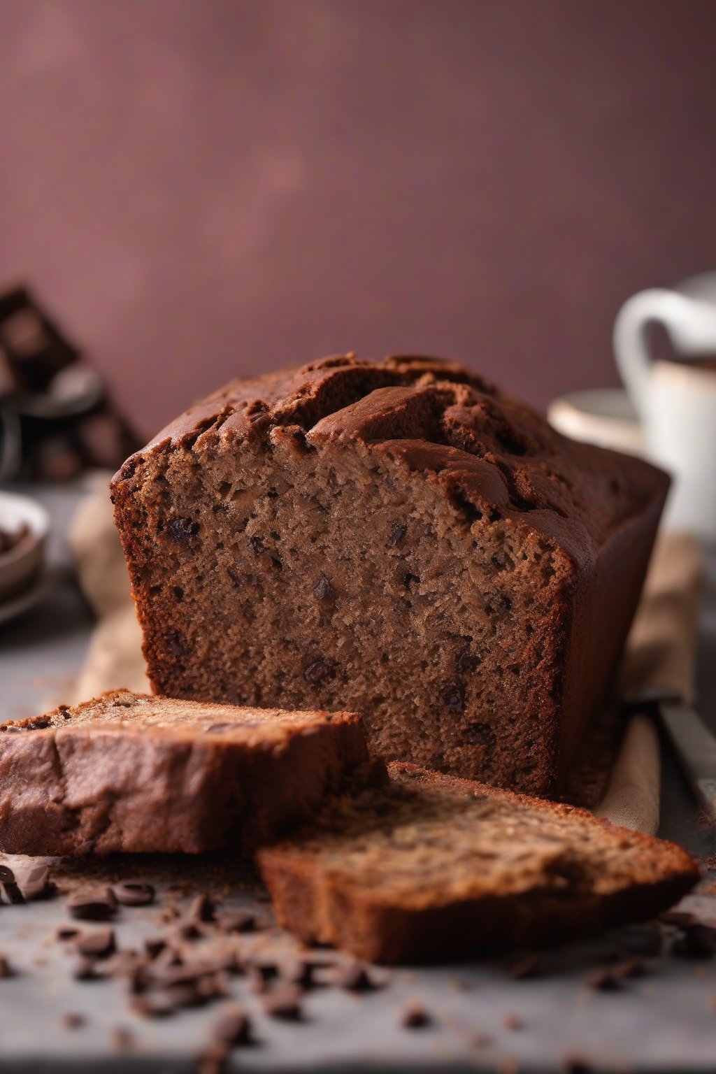 A high-resolution photo of protein banana bread loaf dusted with cocoa, showing fluffy texture, under soft lighting.