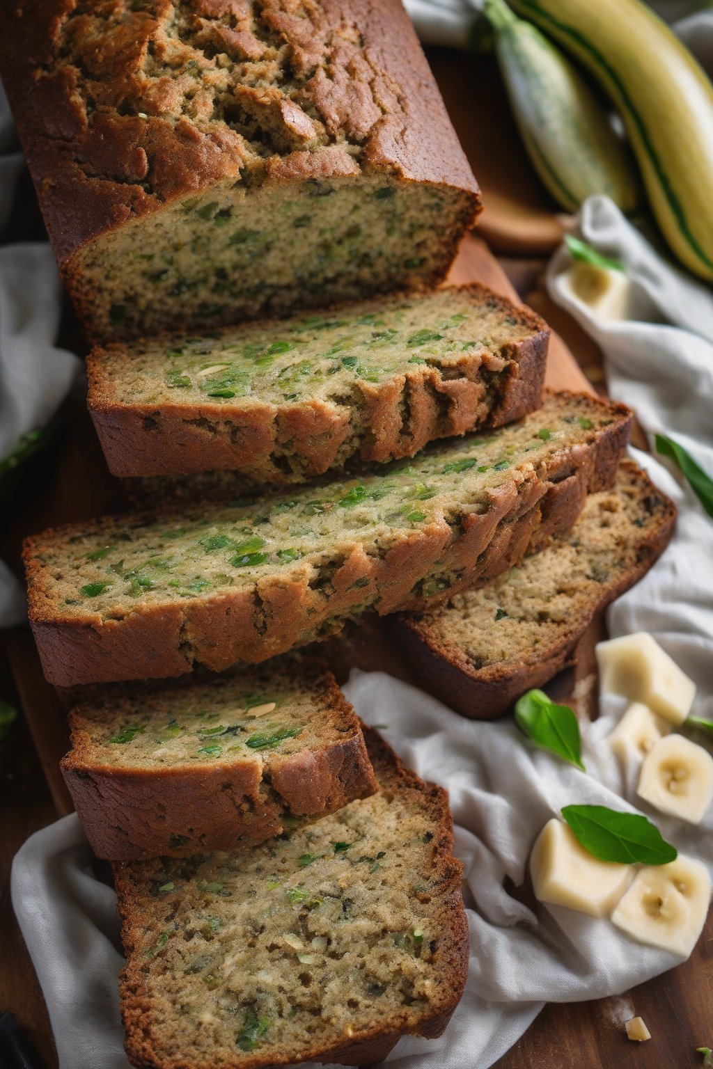 A high-resolution photo of zucchini banana bread with green flecks in the crumb, sliced neatly, under soft lighting.