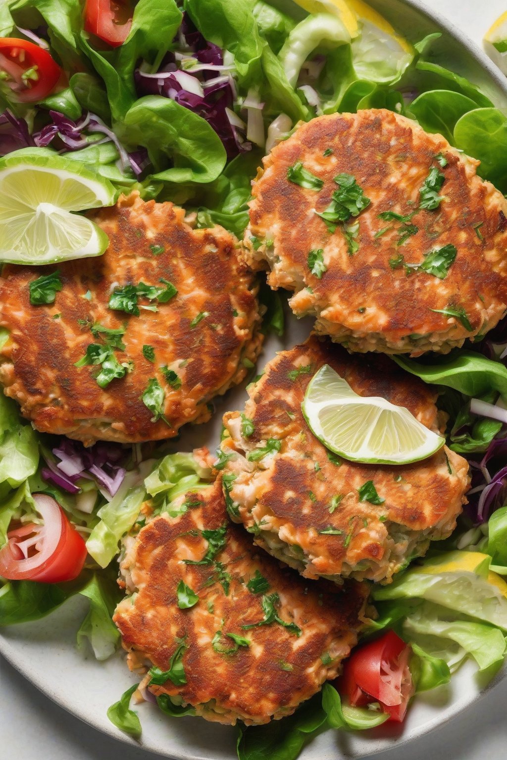 A close-up photo of veggie-packed salmon patties cut open to show green flecks, with a side salad, under soft lighting.