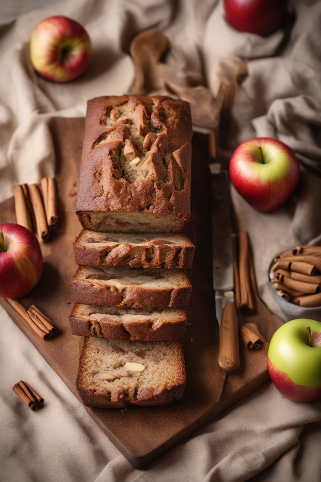 A high-resolution photo of apple cinnamon banana bread with apple chunks and cinnamon swirl, under soft lighting.