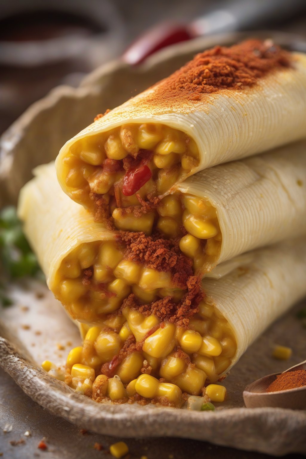 A high-resolution close-up photo of a golden sweet corn tamale split open, cheese melting inside, dusted with chili powder under soft lighting.