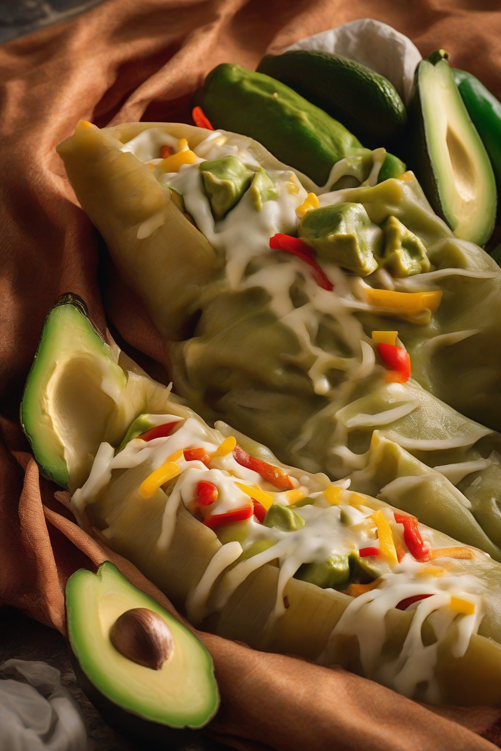 A high-resolution close-up photo of a rajas tamale oozing cheese and peppers, garnished with avocado under soft lighting.