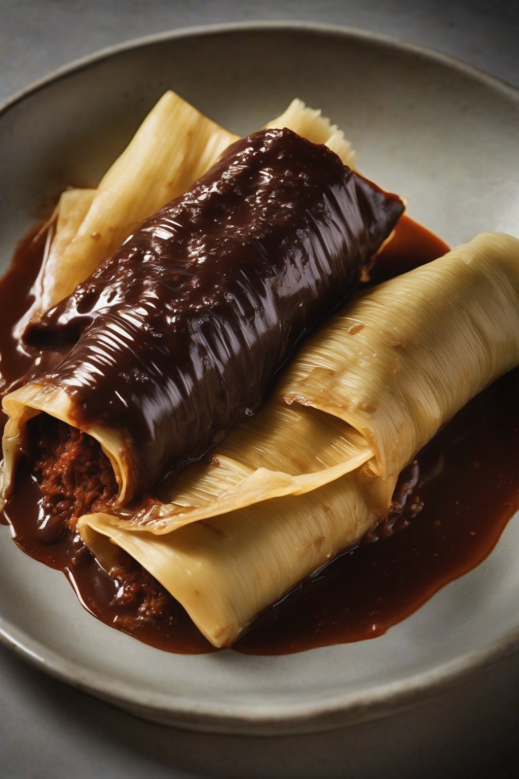 A high-resolution close-up photo of a mole-drenched duck tamale, chocolatey sauce glistening, under soft lighting.