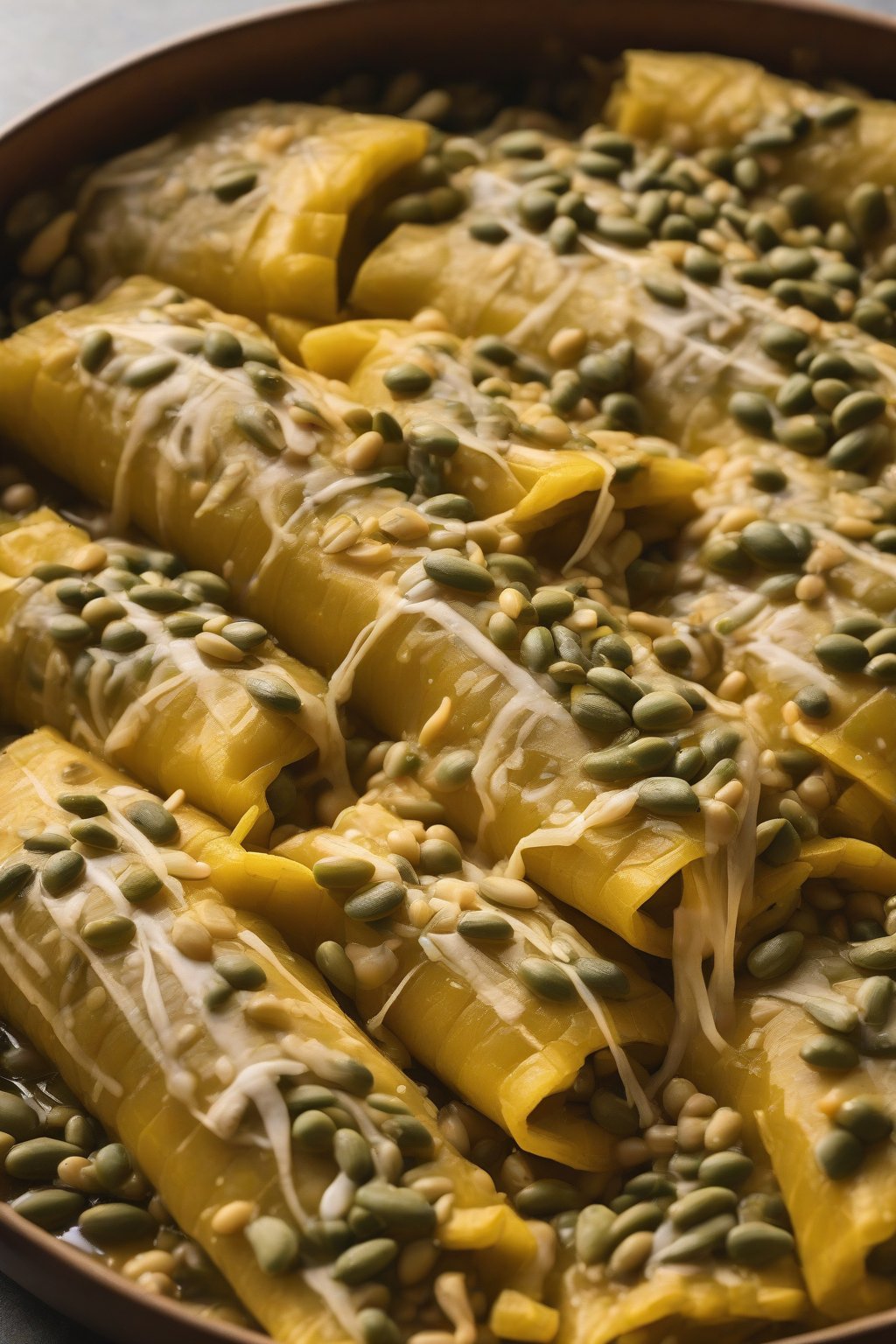 A high-resolution close-up photo of squash and bean tamale filling exposed, sprinkled with pepitas under soft lighting.