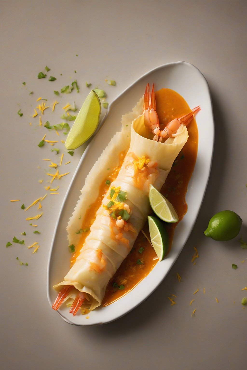 A high-resolution close-up photo of a shrimp tamale with orange zest and sauce, lime wedge aside, under soft lighting.