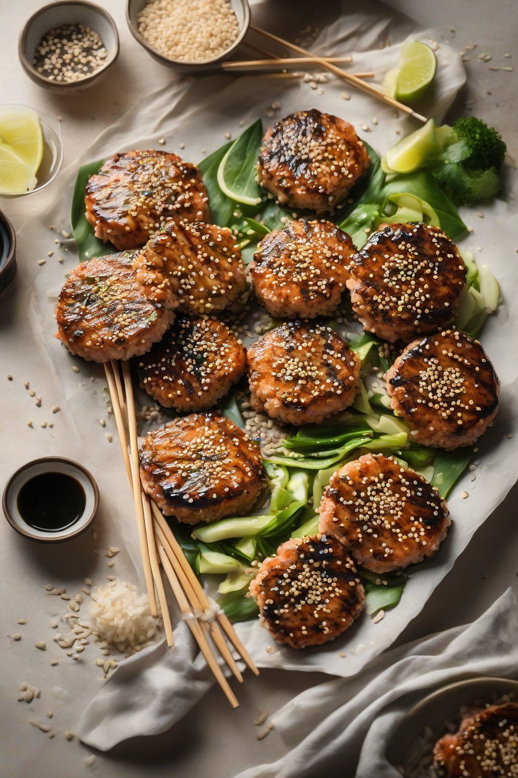 A close-up photo of sesame salmon patties with soy glaze and sesame seeds, chopsticks nearby, under soft lighting.