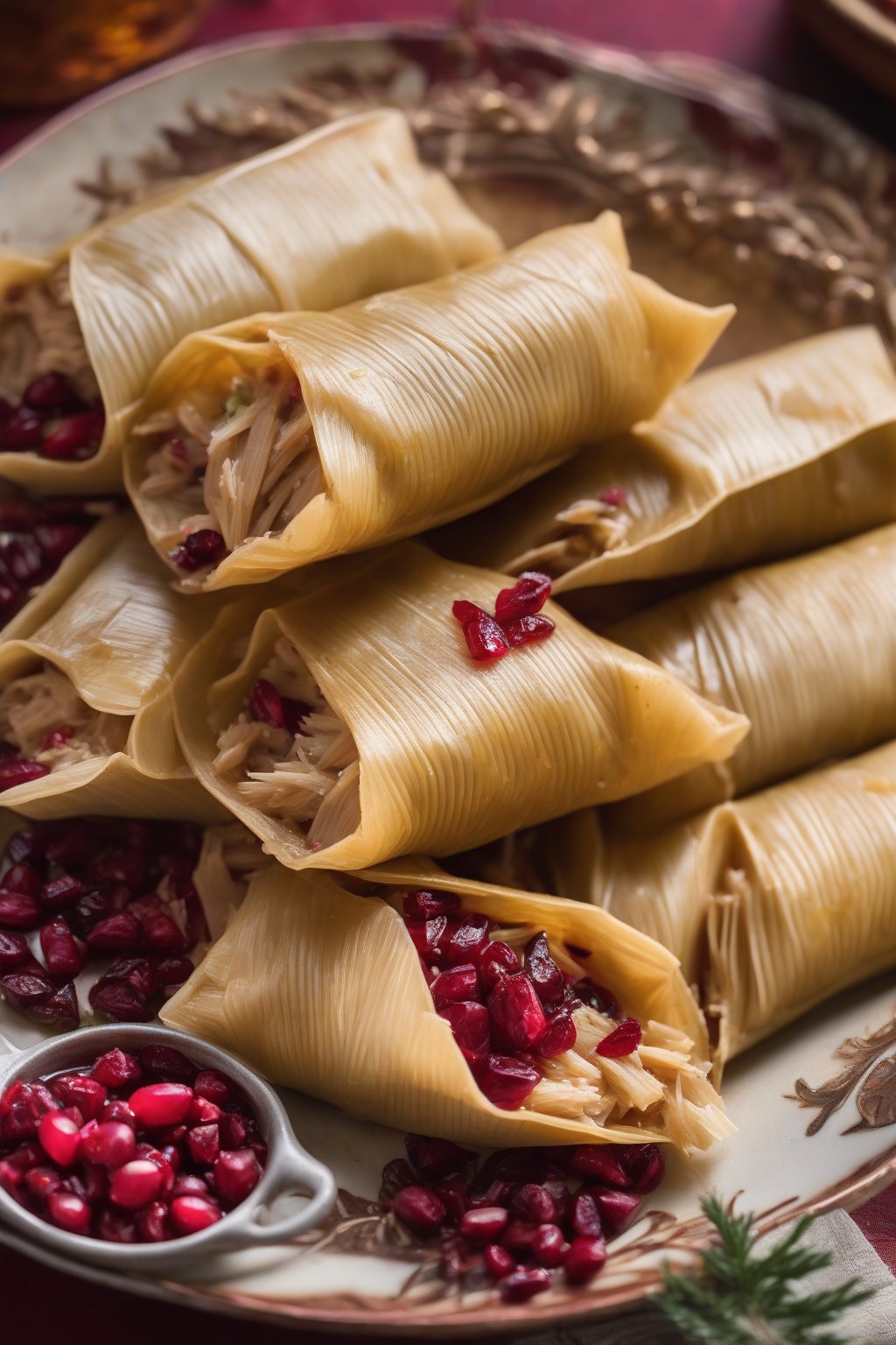 A high-resolution close-up photo of turkey tamale with ruby cranberry bits, festive plating under soft lighting.