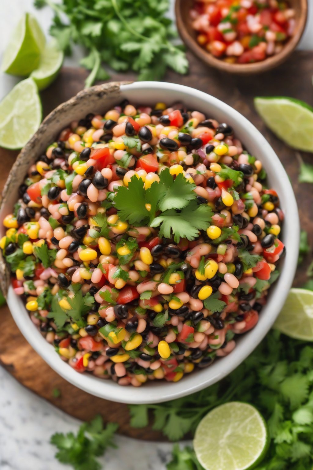 A high-resolution photo of classic zesty cowboy caviar in a white bowl, topped with fresh cilantro, under soft lighting.