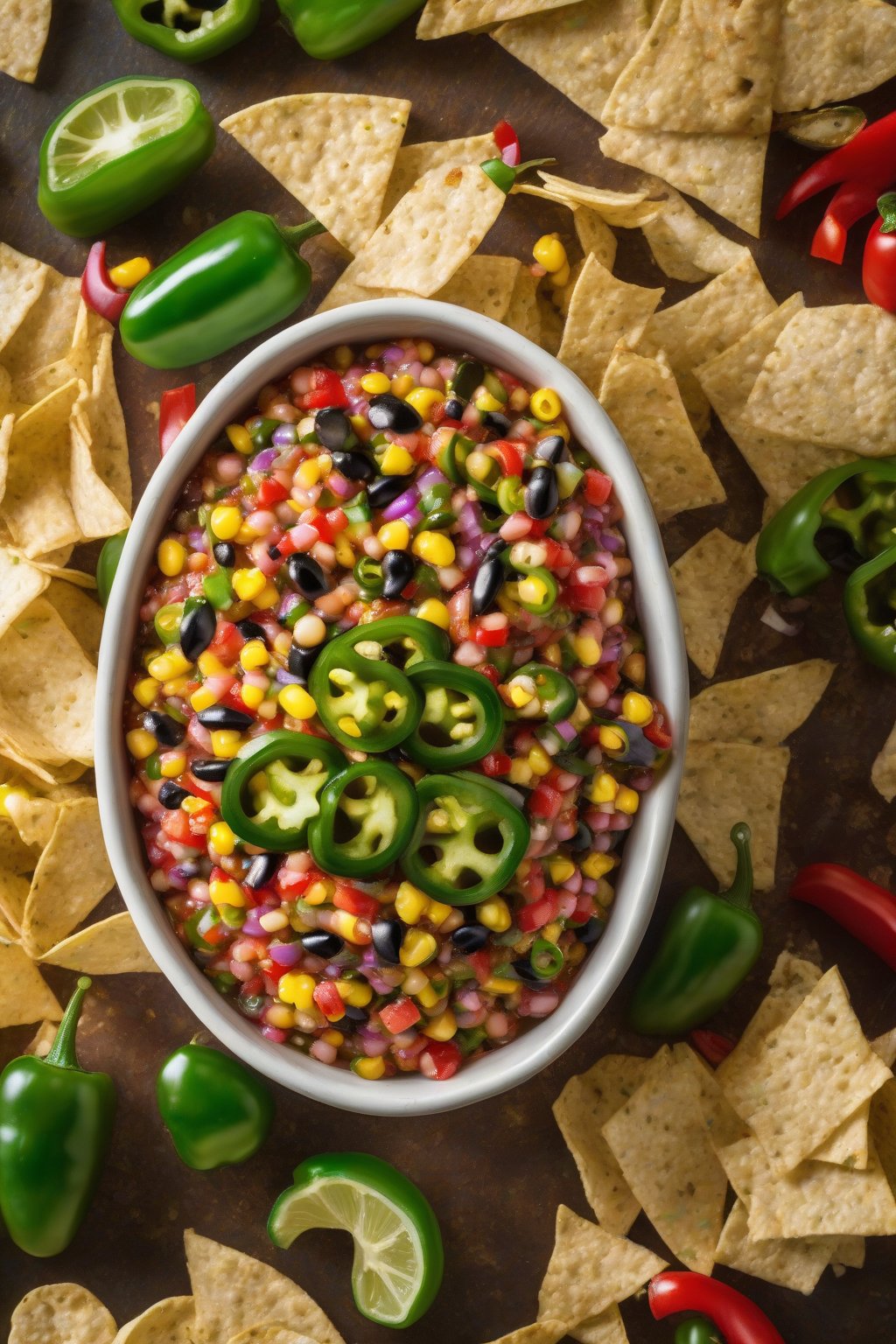 A high-resolution photo of firecracker jalapeño cowboy caviar with visible green jalapeño slices, served with tortilla chips, under soft lighting.