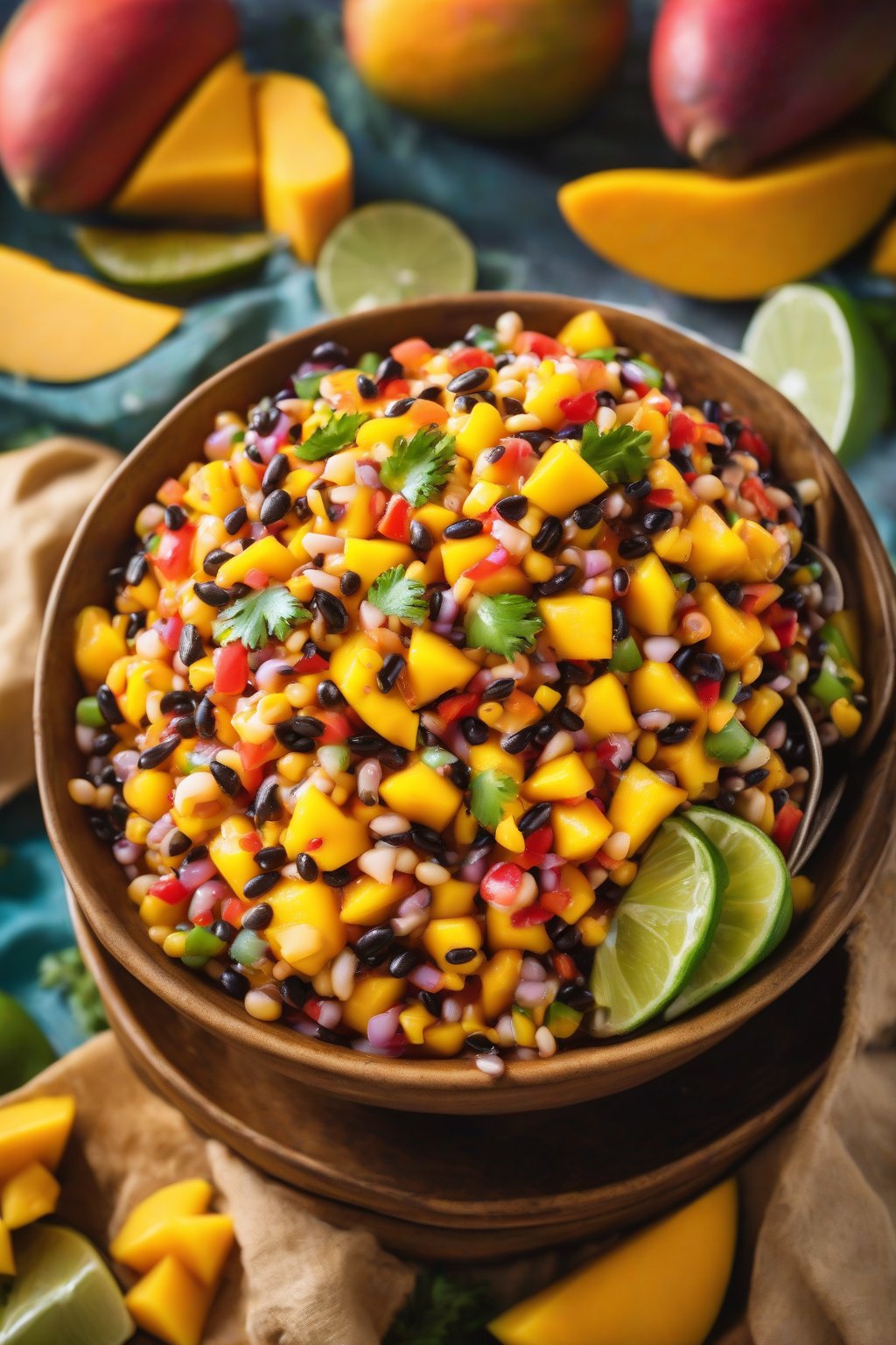 A high-resolution photo of tropical mango cowboy caviar overflowing with orange mango chunks, in a colorful bowl, under soft lighting.